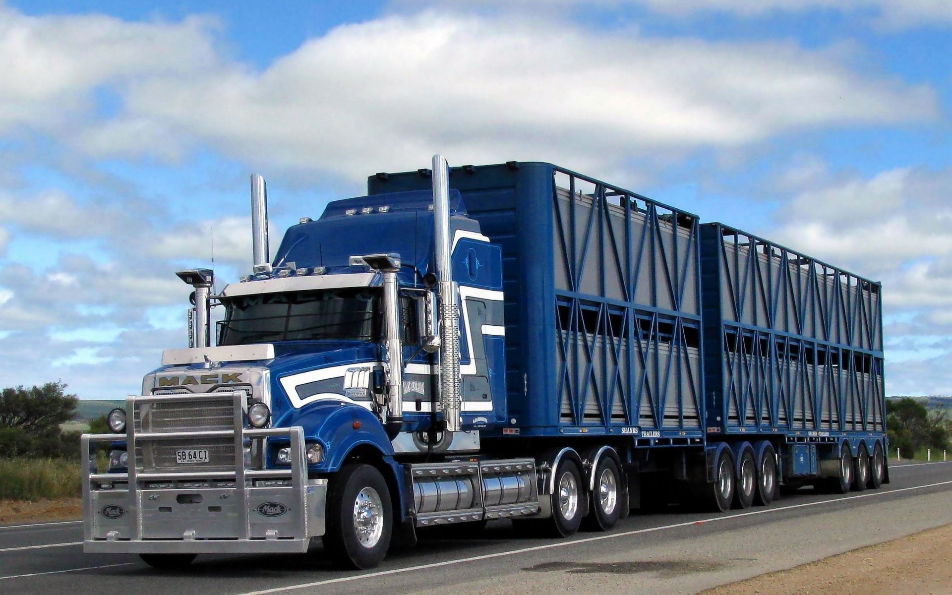 Vehicle: blue Mack Trucks semi hauling a long livestock trailer on a highway — 2K Quad HD PC desktop wallpaper/background.