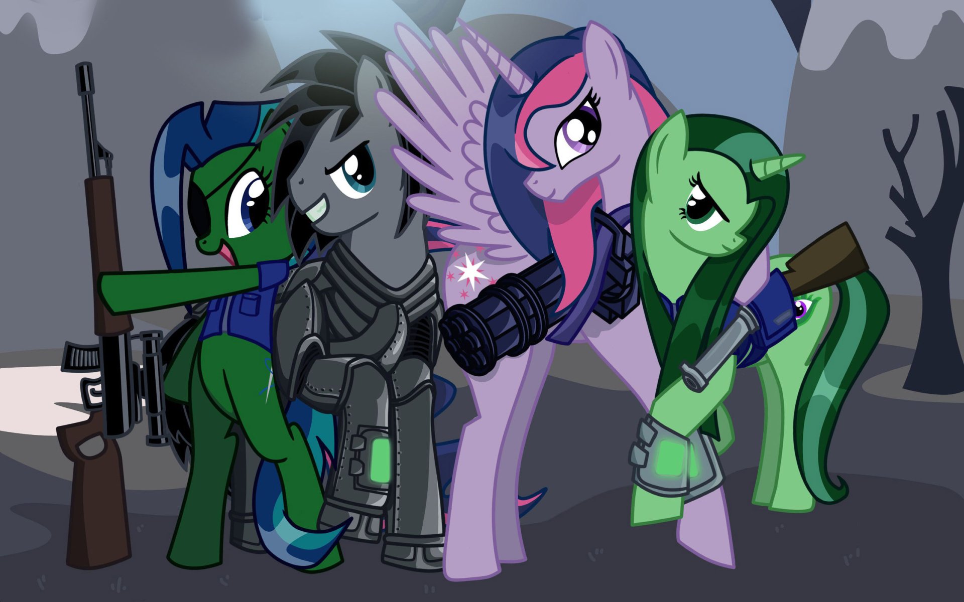 My Little Pony TV Show crossover 2K Quad HD PC desktop wallpaper: four pony characters — a pink alicorn and three armed, military-clad ponies — posing in a snowy, post-apocalyptic scene.
