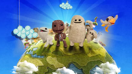 HD PC desktop wallpaper featuring characters from the video game LittleBigPlanet 3 standing on a small, colorful planet under a bright blue sky with stylized clouds.