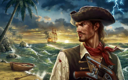 HD fantasy pirate desktop wallpaper depicting a determined pirate with pistols, a stormy sea, lightning, and a sailing ship near a tropical island at sunset.