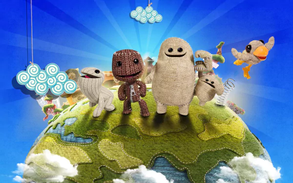HD PC desktop wallpaper featuring characters from the video game LittleBigPlanet 3 standing on a small, colorful planet under a bright blue sky with stylized clouds.