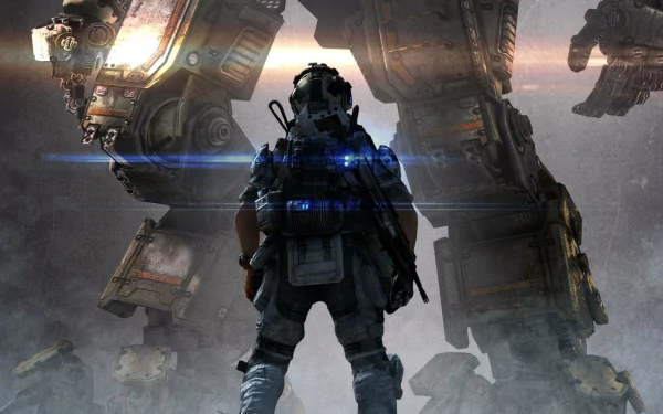 HD PC desktop wallpaper featuring a soldier facing towering Titans in the video game Titanfall, set against a dramatic, smoky battlefield backdrop.