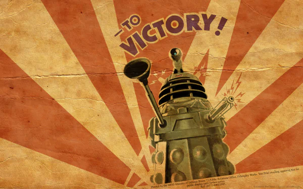 Doctor Who themed HD desktop wallpaper featuring a Dalek with the text To Victory! in a vintage propaganda style.