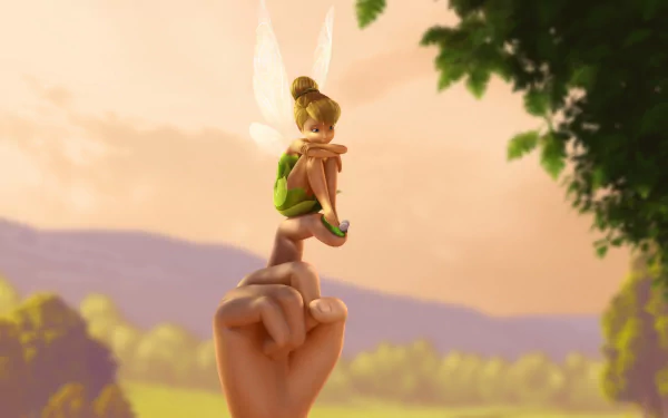 HD wallpaper featuring Tinker Bell sitting on a fingertip against a picturesque outdoor background with trees and hills in soft, warm tones.