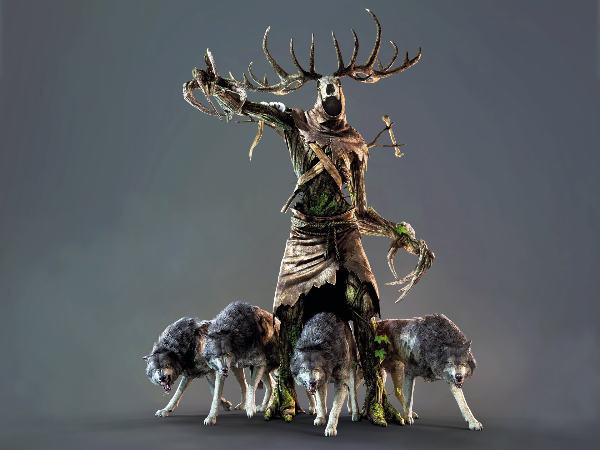 A striking 4K Ultra HD wallpaper featuring a mystical figure from The Witcher 3: Wild Hunt, accompanied by wolves, embodying a dark and enchanting wilderness.