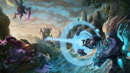 Ezreal from League of Legends engages in battle in a vibrant HD wallpaper, showcasing dynamic action against formidable foes in a fantasy landscape.