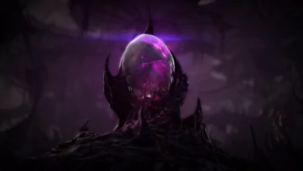 HD PC desktop wallpaper featuring a dark, eerie scene from the video game StarCraft II: Heart of the Swarm with a glowing purple alien egg.
