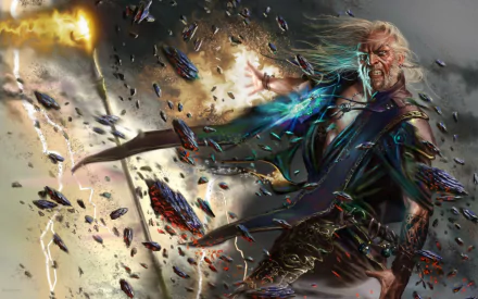 Fantasy sorcerer unleashing crackling blue and gold magic amid swirling debris and shattered ships, dramatic 2K Quad HD PC desktop wallpaper background.