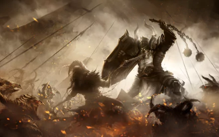 HD PC desktop wallpaper depicting the Crusader from Diablo III: Reaper of Souls in a dramatic battle scene, showcasing intense action and dark fantasy elements.
