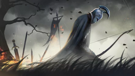 A dark, atmospheric fantasy scene featuring a knight cloaked in shadow, set against a backdrop of swords and banners amidst swirling winds. High-definition desktop wallpaper.