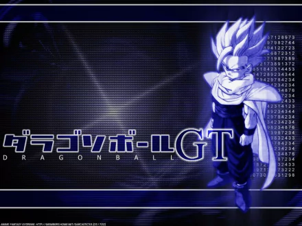 HD PC desktop wallpaper featuring an Anime Dragon Ball Z character with glowing blue hair, set against a dark futuristic background with digital code elements.