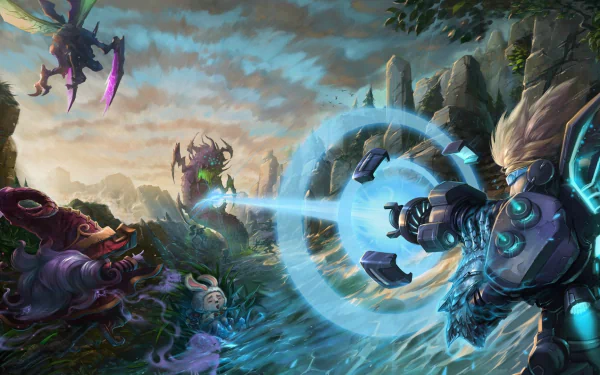 Ezreal from League of Legends engages in battle in a vibrant HD wallpaper, showcasing dynamic action against formidable foes in a fantasy landscape.