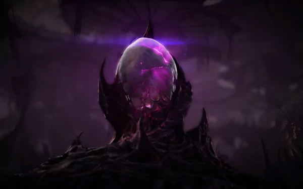 HD PC desktop wallpaper featuring a dark, eerie scene from the video game StarCraft II: Heart of the Swarm with a glowing purple alien egg.