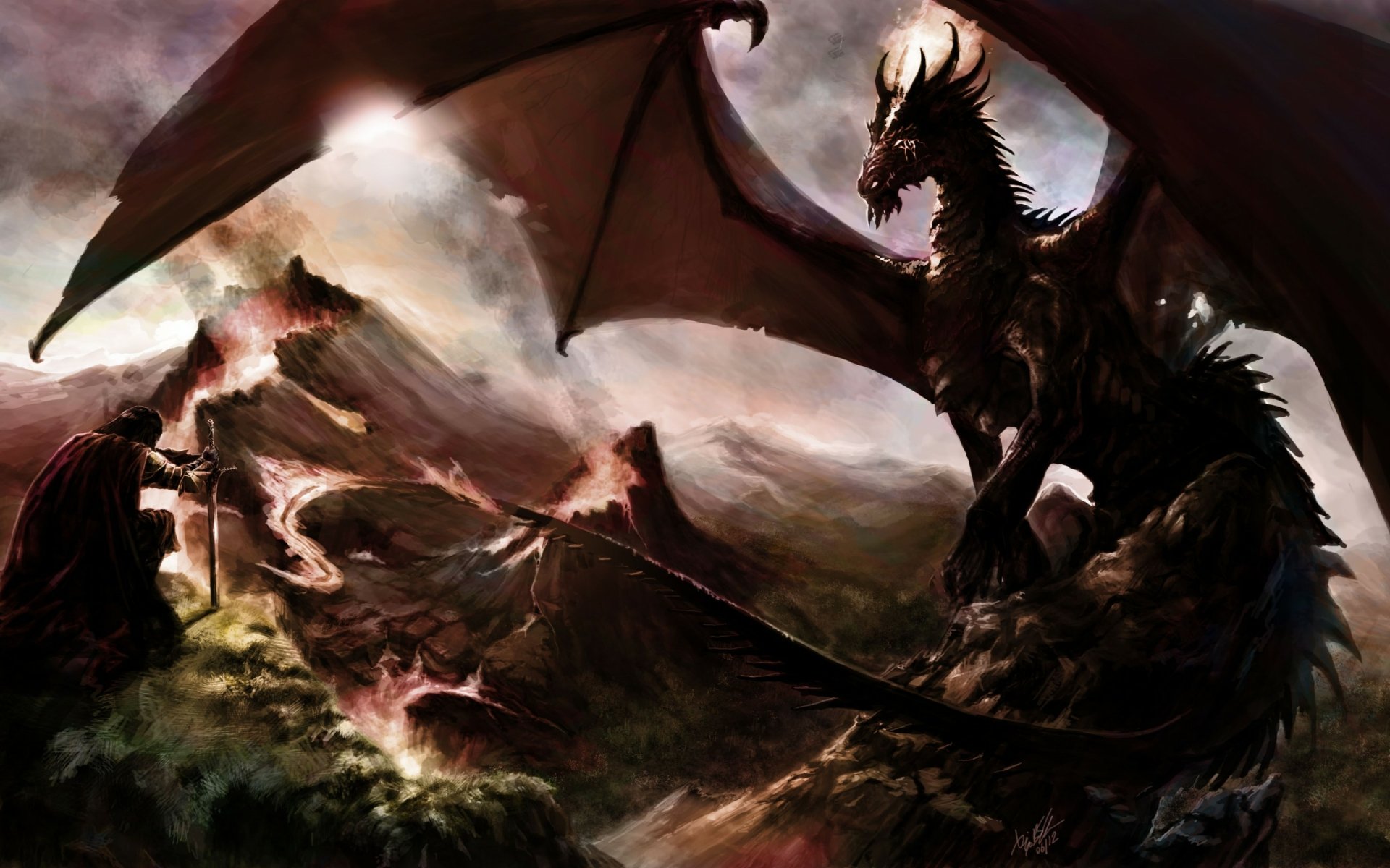 HD desktop wallpaper depicting a majestic dragon perched atop rocky terrain under a stormy sky, encapsulating a dark fantasy theme.