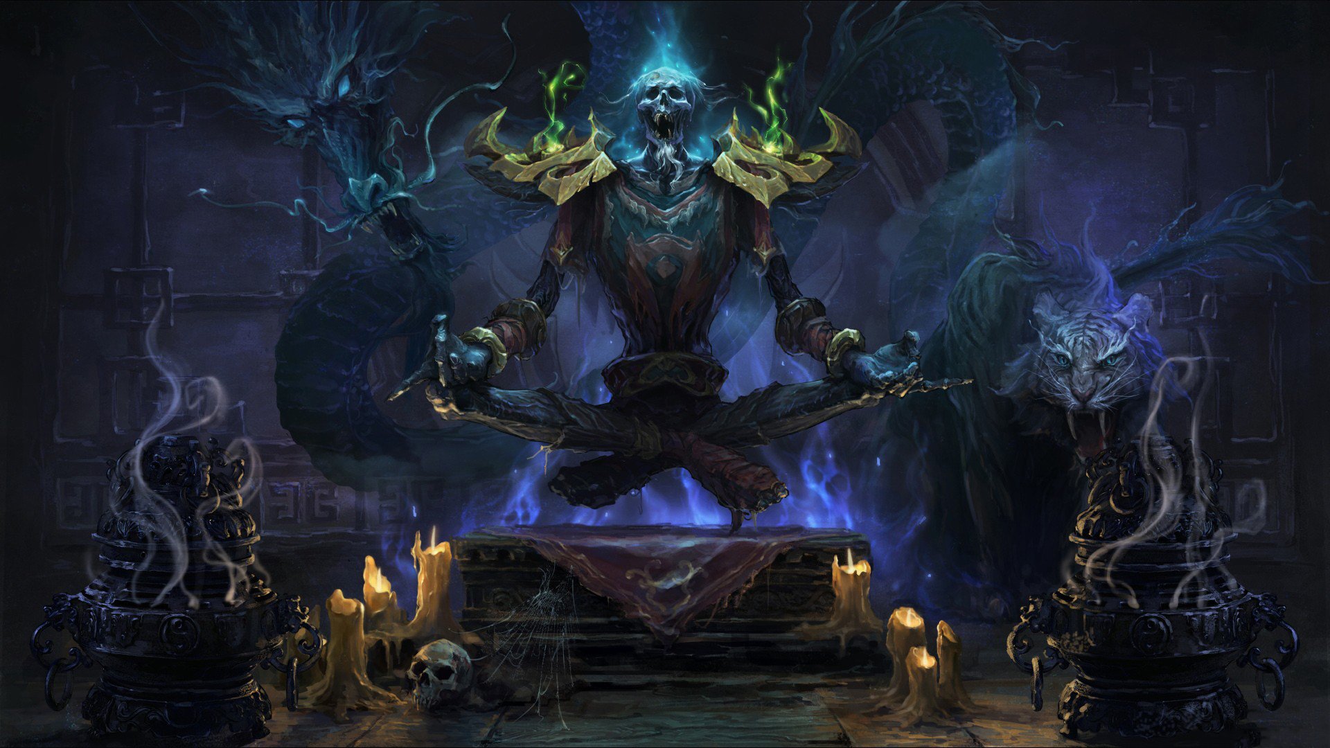 A dark and mystical scene from World of Warcraft, featuring a powerful character levitating amidst candles and spectral creatures, set against an atmospheric background.