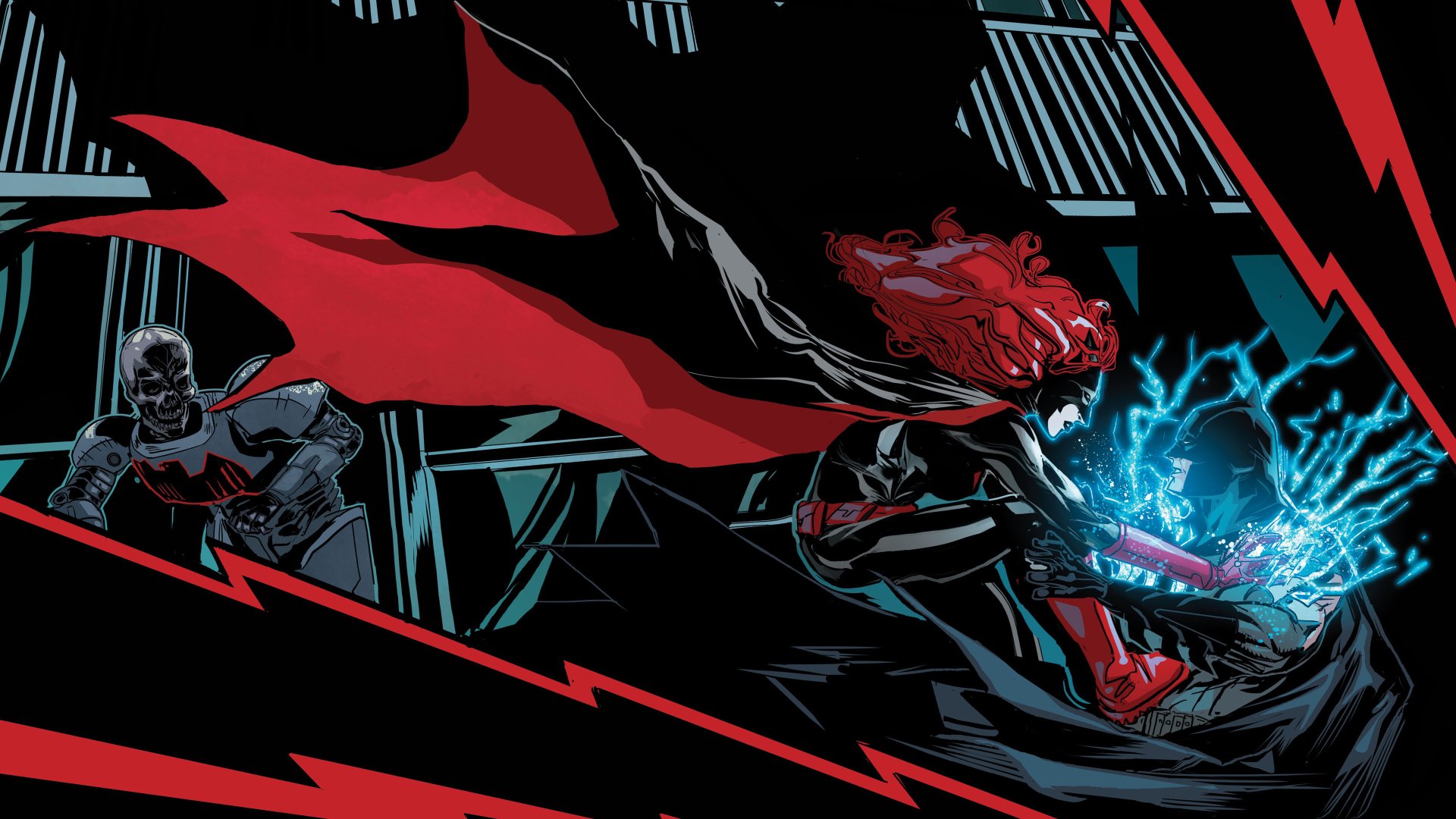 Comic-style Batwoman in dynamic action with glowing elements, rendered in vivid 4K Ultra HD detail for a striking PC desktop wallpaper and background.