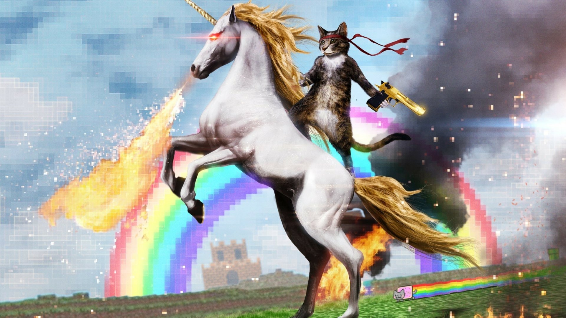 HD fantasy wallpaper featuring a majestic unicorn breathing fire with a rainbow and pixelated background. A warrior cat, wielding golden weapons, rides the unicorn amidst vibrant and chaotic scenery.