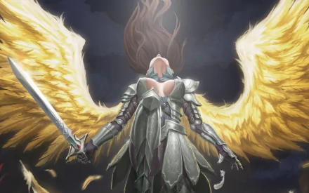 HD fantasy desktop wallpaper depicting an angel warrior with radiant golden wings, clad in armor, wielding a glowing sword against a dark, dramatic sky.