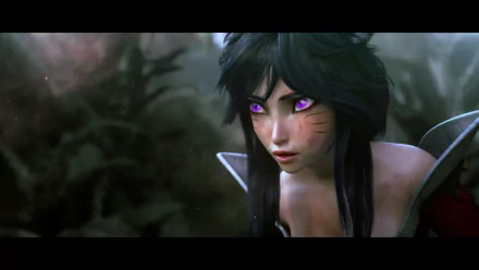 A HD desktop wallpaper featuring Ahri, a character from the video game League of Legends, with purple eyes and dark hair, set in a dimly lit background. Tags: Vastaya, League of Legends, video game.