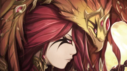 HD fantasy PC desktop wallpaper featuring a woman with flowing red hair and ornate golden armor facing a mythical dragon with glowing red eyes.