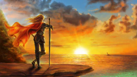 A fantasy-themed Dungeons & Dragons wallpaper featuring a knight in armor, gazing at a sunset over the ocean, with dramatic clouds and a distant ship.