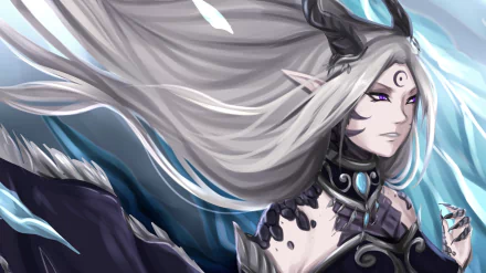 HD PC desktop wallpaper featuring a dark-themed succubus with long white hair, black horns, and intricate armor against a glowing blue background.