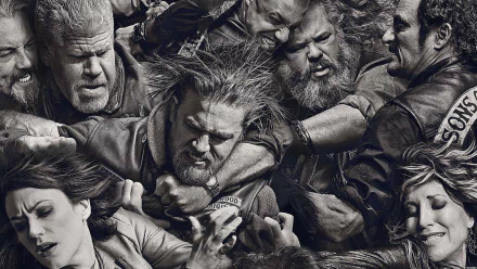 A dynamic scene from the TV show Sons of Anarchy, featuring intense action with characters in a chaotic confrontation, captured in an HD wallpaper format.