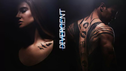 A dramatic HD wallpaper featuring a man and woman from the movie Divergent, showcasing intricate tattoos and strong expressions, with the title Divergent prominently displayed.