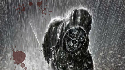Corvo Attano stands in the rain, shrouded in darkness with a mask and hood, ready for action. This HD wallpaper captures the essence of the video game Dishonored.