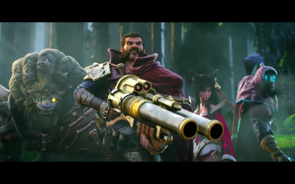 HD desktop wallpaper featuring characters Graves, Jax, Rengar, and Ahri from the video game League of Legends, standing confidently in a forest background.