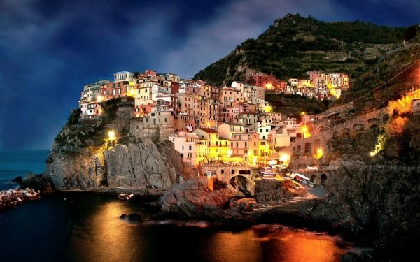 Man Made Manarola Towns Italy Amalfi Mountain Village House Light Night HD Wallpaper | Background Image