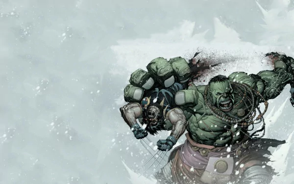 Comic HD PC desktop wallpaper: Ultimate Wolverine vs. Hulk — Hulk snarls, lifting Wolverine amid snow, blood splatter and flying debris.