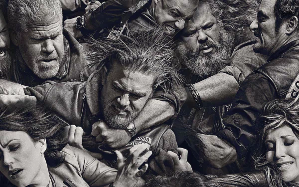 A dynamic scene from the TV show Sons of Anarchy, featuring intense action with characters in a chaotic confrontation, captured in an HD wallpaper format.
