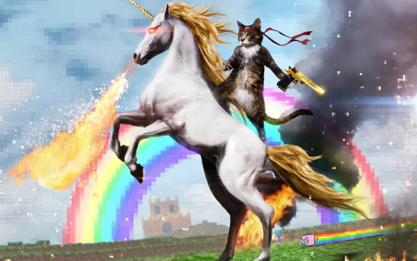 HD fantasy wallpaper featuring a majestic unicorn breathing fire with a rainbow and pixelated background. A warrior cat, wielding golden weapons, rides the unicorn amidst vibrant and chaotic scenery.