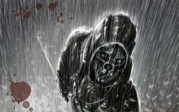 Corvo Attano stands in the rain, shrouded in darkness with a mask and hood, ready for action. This HD wallpaper captures the essence of the video game Dishonored.