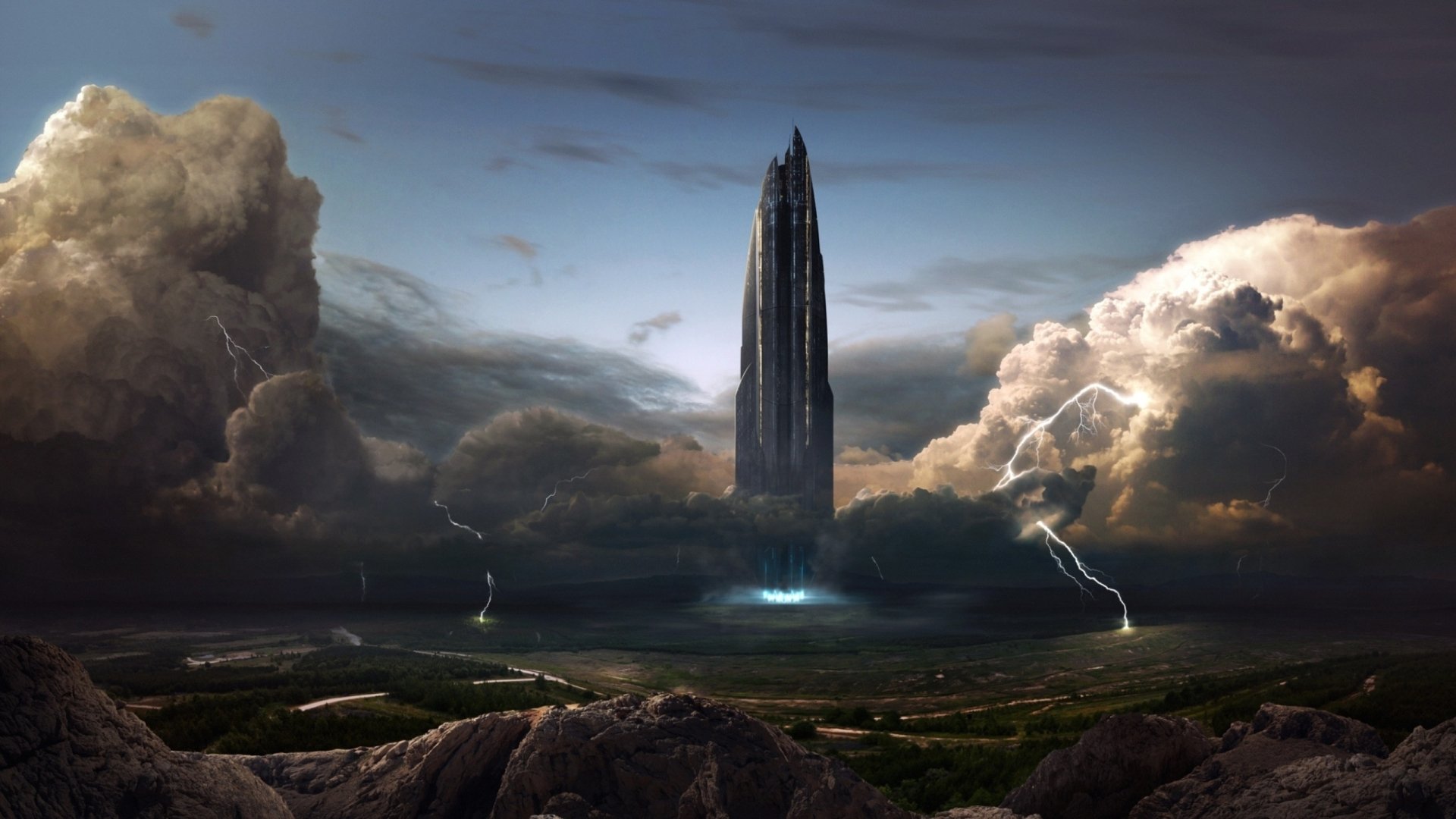 HD desktop wallpaper featuring a spaceship lifting off amidst a dramatic landscape with looming clouds and lightning strikes.