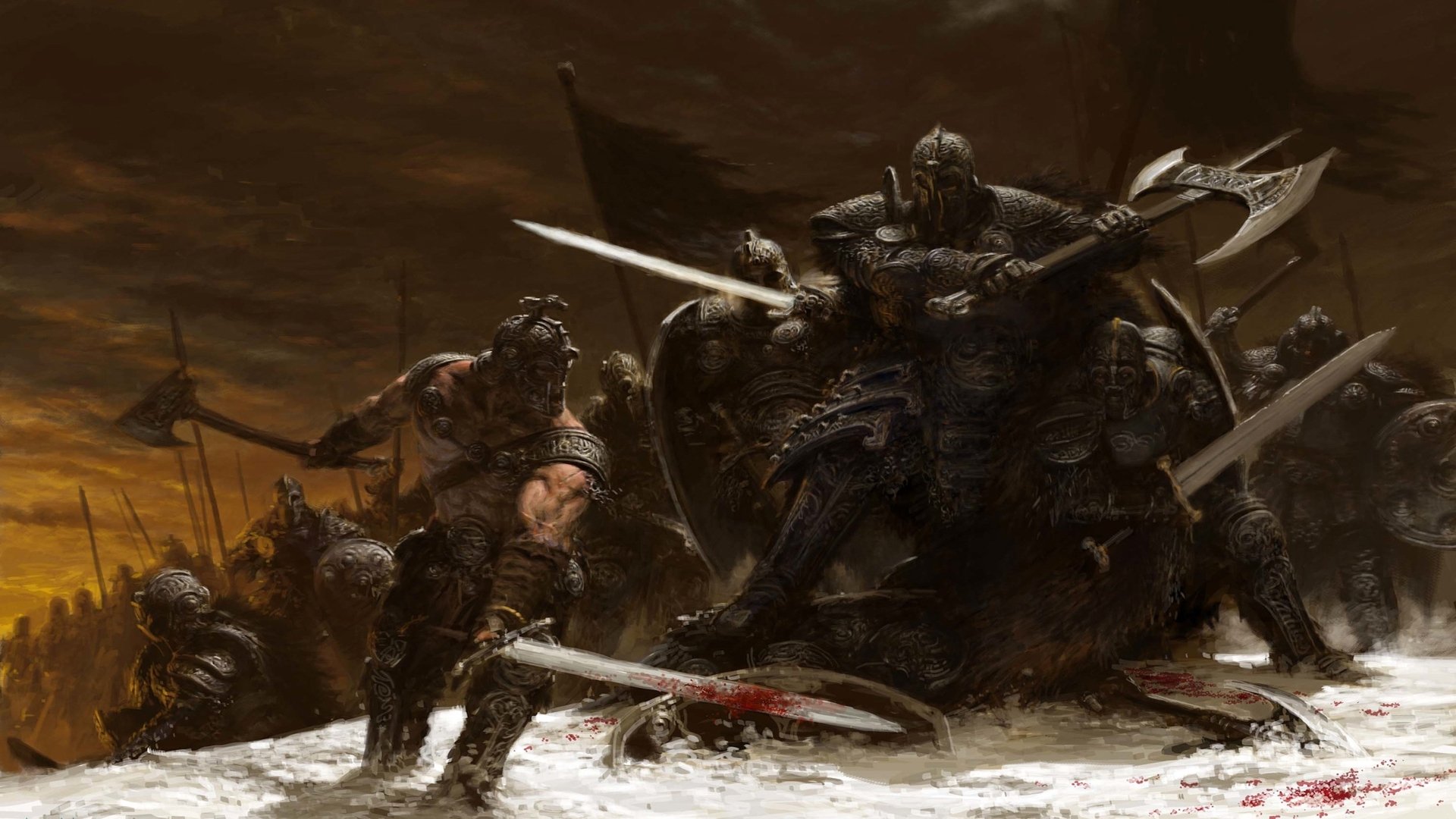 HD fantasy desktop wallpaper featuring fierce warriors in battle, clad in dark armor with swords and axes amid a stormy, war-torn landscape.