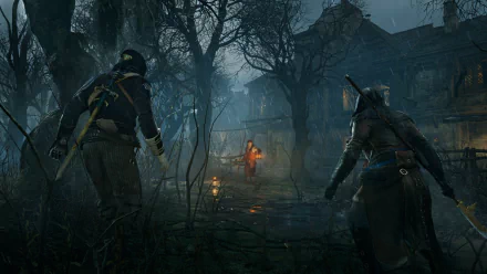 A moody HD desktop wallpaper from Assassin's Creed: Unity, featuring cloaked characters navigating a shadowy, overgrown landscape with a mysterious figure in the distance.