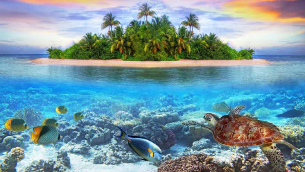 A vivid HD wallpaper showing a serene Maldives island with palm trees, a colorful reef, fish, and a turtle underwater, highlighting the natural beauty and vibrant marine life of the region.