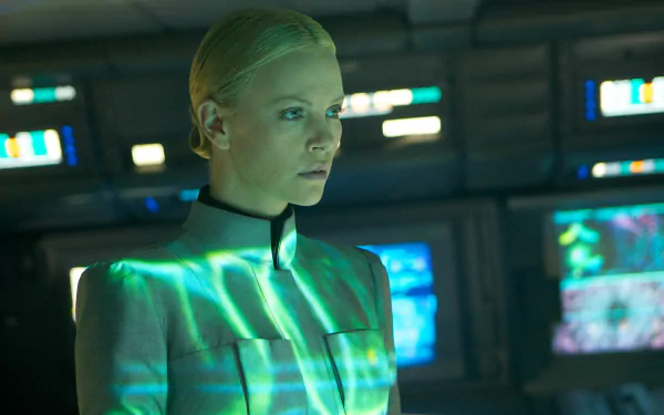 Charlize Theron in a scene from the movie Prometheus, showcased in a 4K Ultra HD PC desktop wallpaper with futuristic lighting and a control room background.