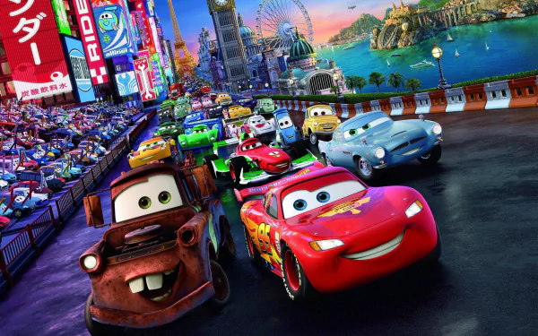 HD desktop wallpaper featuring colorful characters from the movie Cars 2 racing on a vibrant city track filled with cheering crowds and bright signage.