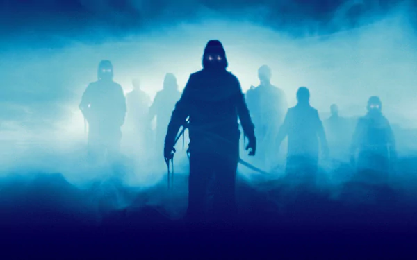 HD PC desktop wallpaper: shadowy, glowing-eyed figures emerging from blue fog, evocative horror scene from the 1980 film The Fog.