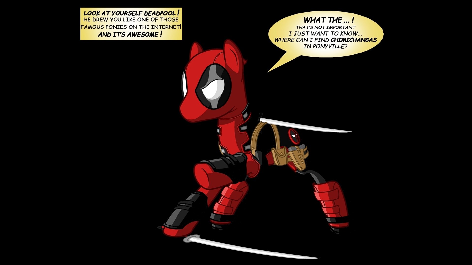 A vibrant HD desktop wallpaper featuring a comic-inspired character resembling Deadpool, donned in a playful red suit, wielding swords, against a dark background.