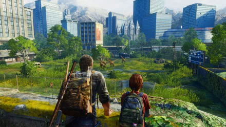 Ellie and Joel from The Last of Us stand together, overlooking a vibrant, post-apocalyptic cityscape in this stunning HD wallpaper inspired by the iconic video game.