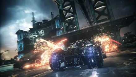 4K Ultra HD image of the Batmobile from the video game Batman: Arkham Knight speeding through a rainy, urban night scene with explosions in the background.