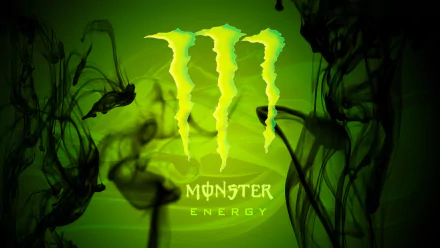 HD PC desktop wallpaper featuring the neon green Monster Energy logo with dark swirling smoke effects in the background.