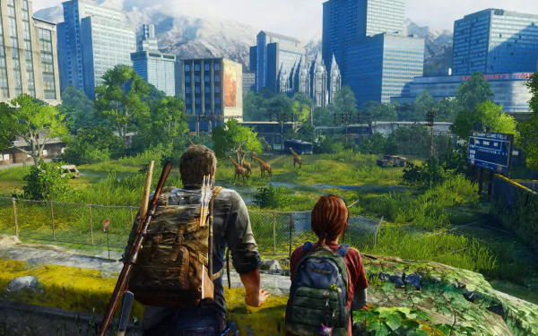 Ellie and Joel from The Last of Us stand together, overlooking a vibrant, post-apocalyptic cityscape in this stunning HD wallpaper inspired by the iconic video game.