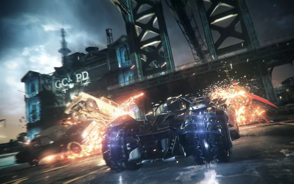 4K Ultra HD image of the Batmobile from the video game Batman: Arkham Knight speeding through a rainy, urban night scene with explosions in the background.