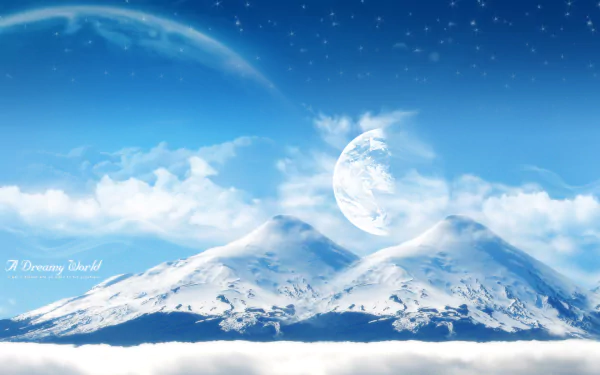 HD PC desktop wallpaper featuring snow-capped mountains under a dreamy sky with a large crescent moon and a faint planet, blending nature and a surreal world.