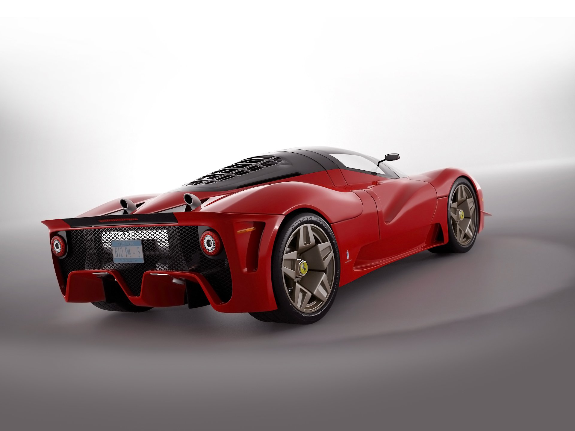 Red Ferrari Pininfarina P4/5 concept sports car, rear three-quarter view on a neutral gradient backdrop — HD PC desktop wallpaper/background